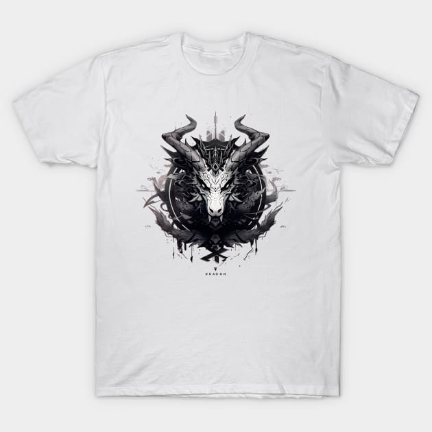 Black and white illustration of a dragon's head T-Shirt by Fyllewy